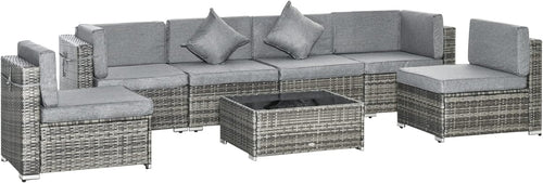 Outsunny 7 Piece Patio Furniture Set, PE Rattan Outdoor Conversation Set with Sectional Sofa, Glass Tabletop, Cushions and Pillows for Garden, Lawn, Deck, Mixed Grey and Grey